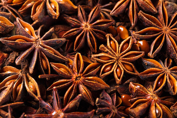 Anise stars closeup against dark rustic wooden background