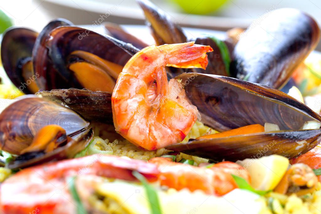 Paella with seafood. Traditional spanish food.