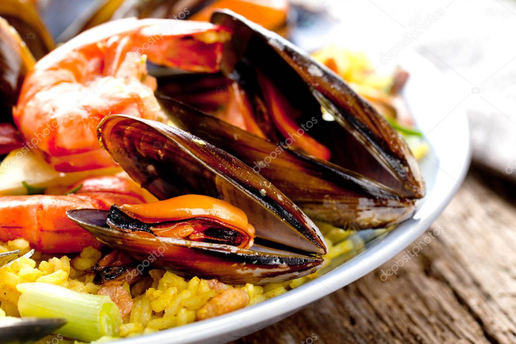 Paella with seafood. Traditional spanish food.