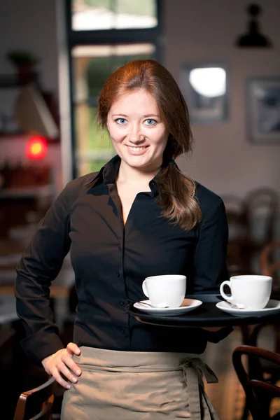 Portrait Waitress Holding Tray Coffee Cups Cafe — Stock Photo, Image