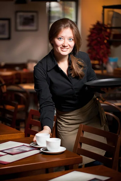 Portrait Waitress Holding Tray Coffee Cups Cafe — Stock Photo, Image