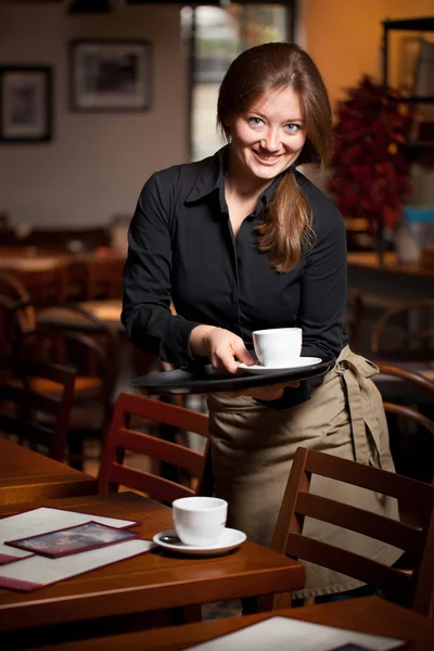 Portrait Waitress Holding Tray Coffee Cups Cafe — Stock Photo, Image