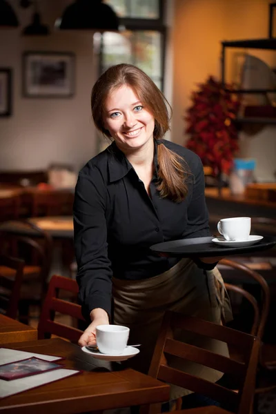 Portrait Waitress Holding Tray Coffee Cups Cafe — Stock Photo, Image