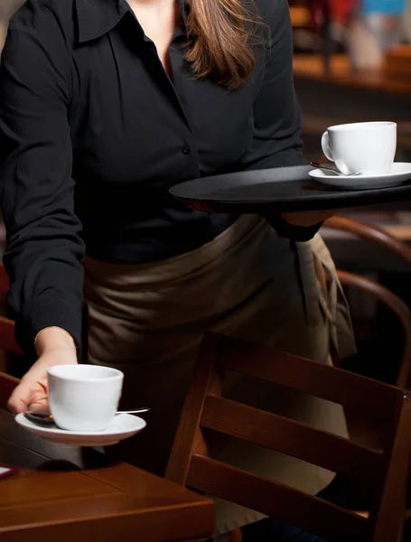 Portrait Waitress Holding Tray Coffee Cups Cafe — Stock Photo, Image