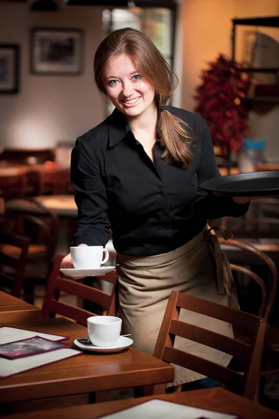 Portrait Waitress Holding Tray Coffee Cups Cafe — Stock Photo, Image