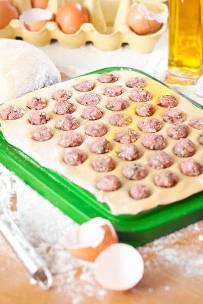Ravioli Homemade Fresh Dough Ravioli Traditional Rustic Table — Stock Photo, Image