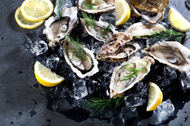 Dilimlenmiş limonla taze açılmış istiridye ezilmiş buzun üstünde fotokopi alanı ile sunuluyor.