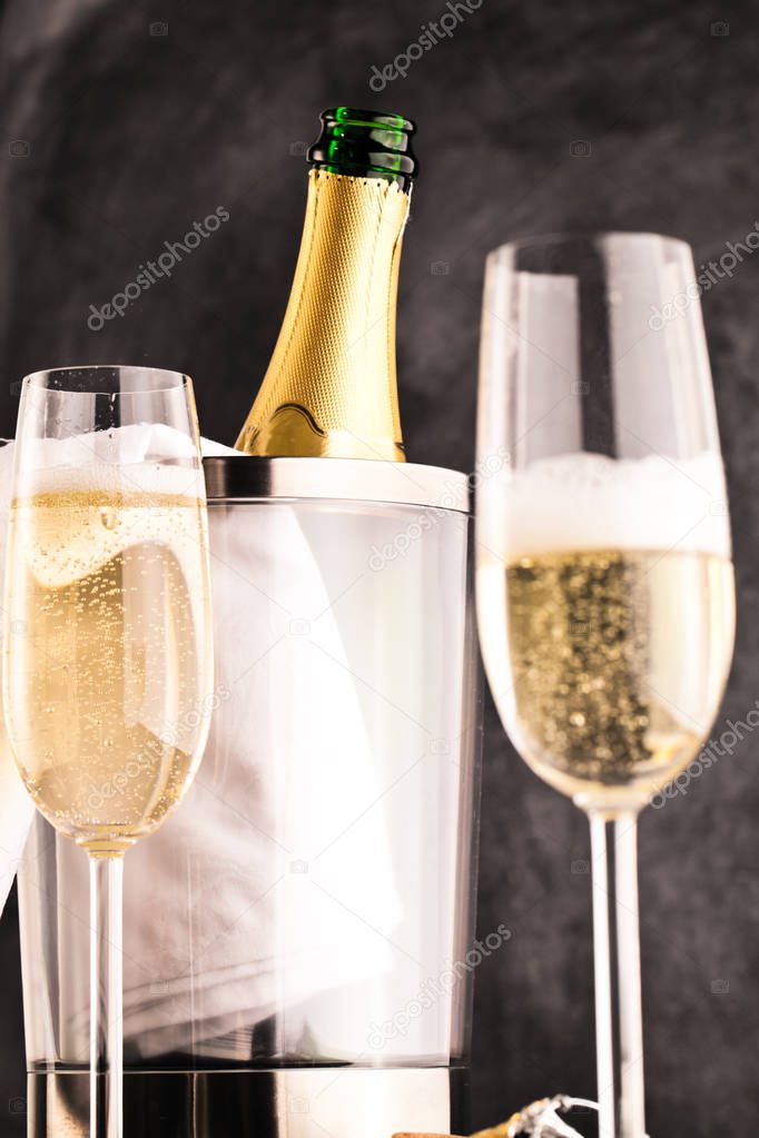 champagne glasses and bottle 