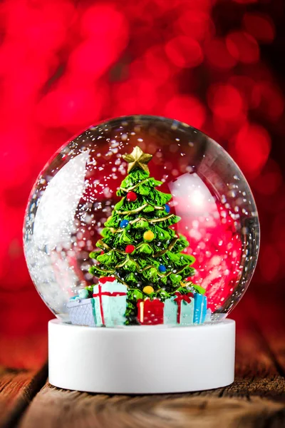 Christmas Snow Globe Wooden Background — Stock Photo, Image