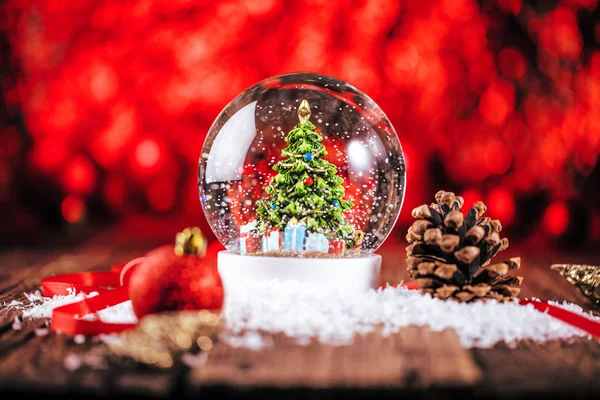 Christmas Snow Globe Wooden Background — Stock Photo, Image