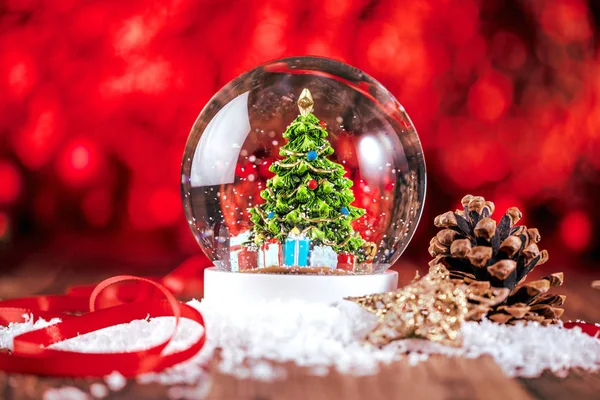 Christmas Snow Globe Wooden Background — Stock Photo, Image