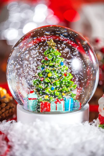 Christmas Snow Globe Wooden Background — Stock Photo, Image