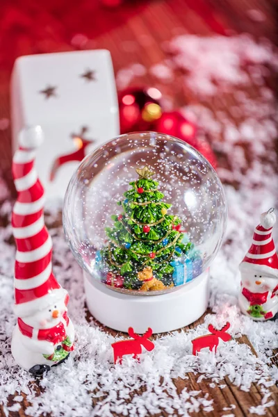 Christmas Snow Globe Wooden Background — Stock Photo, Image