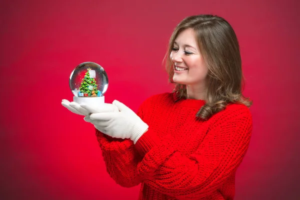 Side Close Portrait Joyful Young Woman Holding Snow Globe — Stock Photo, Image