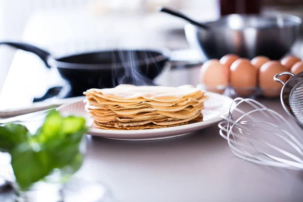 Woman Making Thin Pancakes Frying Pan Kitchen — Stock Photo, Image