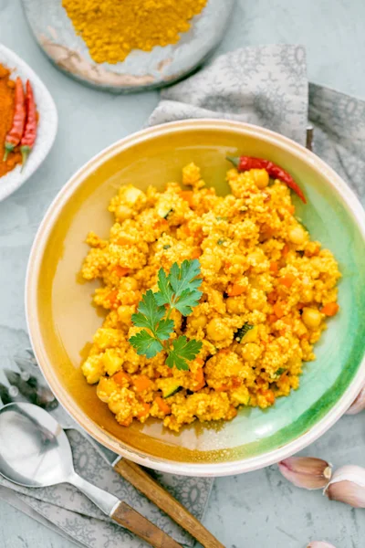 Delicious Homemade Vegetarian Couscous Tomatoes Carrots Zucchini — Stock Photo, Image