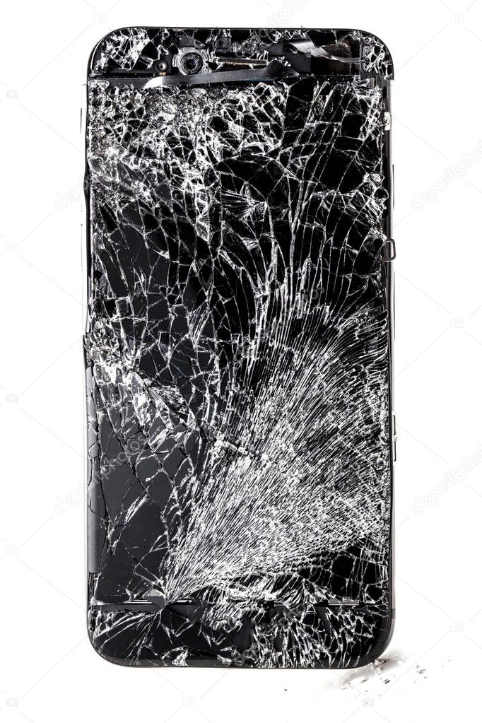 mobile phone with broken touchscreen on gray background.