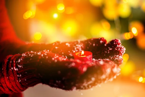 Woman Holding Christmas Candle Warm Gloves — Stock Photo, Image