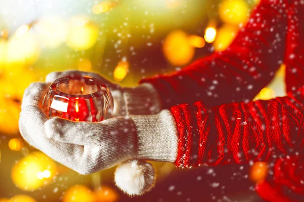 Woman Holding Christmas Candle Warm Gloves — Stock Photo, Image