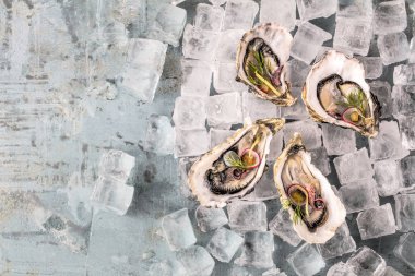 Taze çiğ istiridye ve limon üzerinde buz küpleri