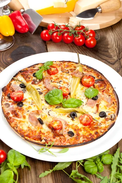 Tasty Pizza Wooden Table Top View Royalty Free Stock Photos