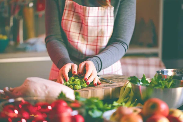 Jonge Vrouw Koken Keuken Gezonde Voeding Voor Kerstmis Gevulde Eend — Stockfoto