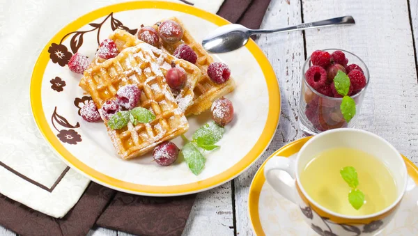 Traditional Waffle Belgian Fresh Raspberries Saucer Isolated White Background Two — Stock Photo, Image