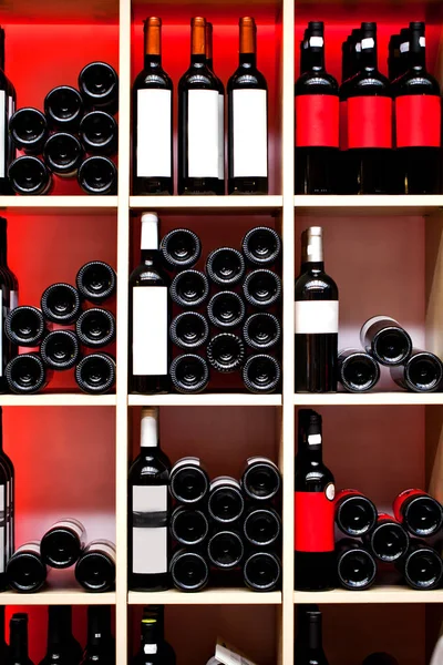 Wine Shop Assortment Drinks Wooden Shelves — Stock Photo, Image