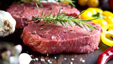 Koyu ahşap masada çiğ biftek..