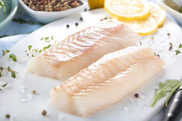 Fresh Fish Raw Cod Fillets Addition Herbs Lemon — Stock Photo, Image