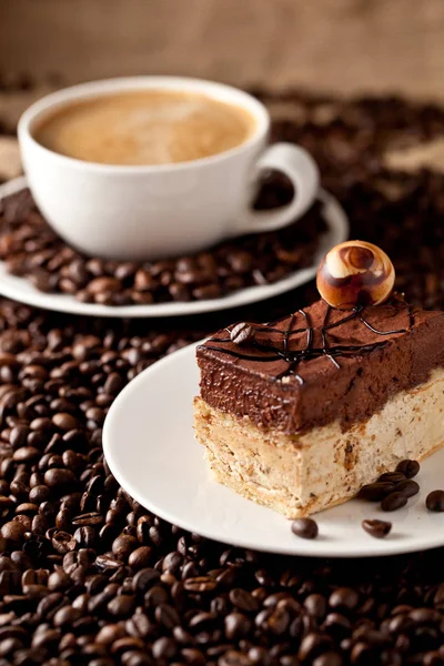 Gâteau Chocolat Sur Une Table Bois Avec Une Tasse Café — Photo