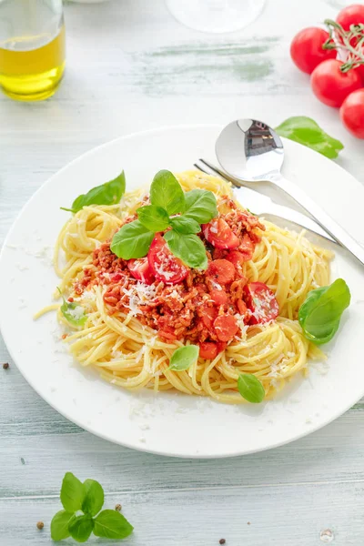 Apetyczny Makaron Bolognese Zamknąć Widok — Zdjęcie stockowe