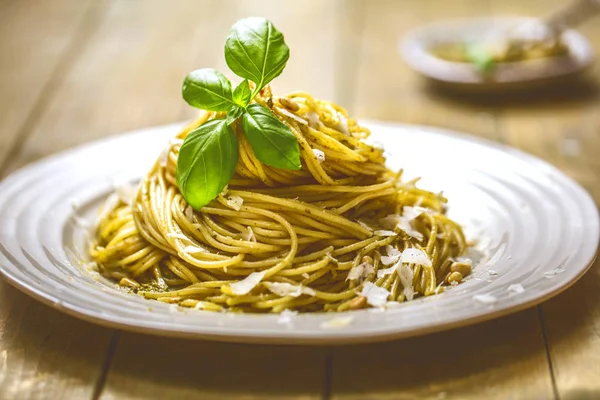 Pasta Spaghetti Basil Cream Cheese Top View Grey Stone Table — Stock Photo, Image
