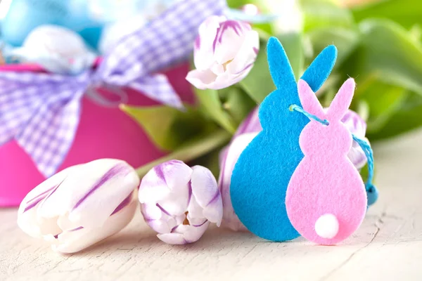 Easter Eggs Tulips Wooden Planks — Stock Photo, Image