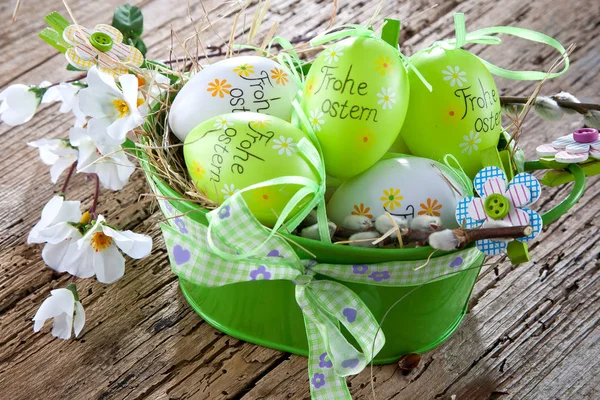 Table Setting Easter Dinner Tulips Eggs Rustic Wooden Table — Stock Photo, Image