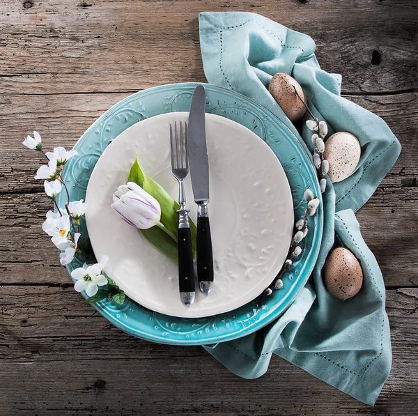 Easter Table Setting Spring Flowers Cutlery Holidays Background — Stock Photo, Image