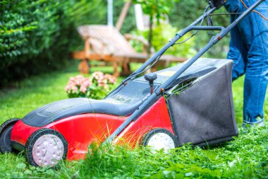 Yaz ve bahar sezonu bahçede güneşli çim biçme