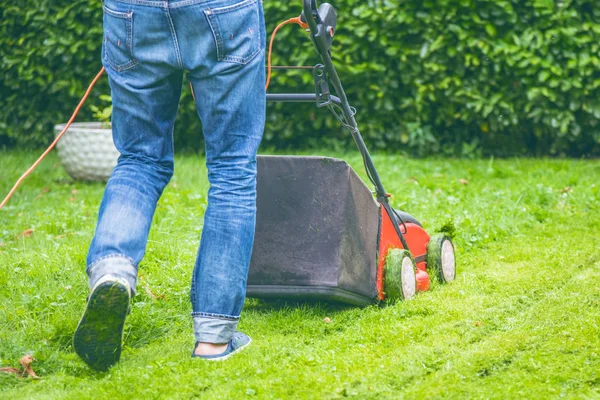 Yaz Bahar Sezonu Bahçede Güneşli Çim Biçme — Stok fotoğraf