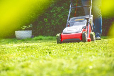Yaz ve bahar sezonu bahçede güneşli çim biçme