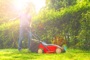 Yaz ve bahar sezonu bahçede güneşli çim biçme