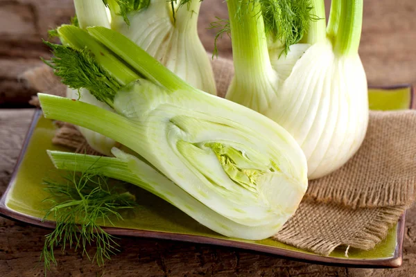 Fresh Florence Fennel Bulbs Fennel Bulb Wooden Background Healthy Benefits — Stock Photo, Image
