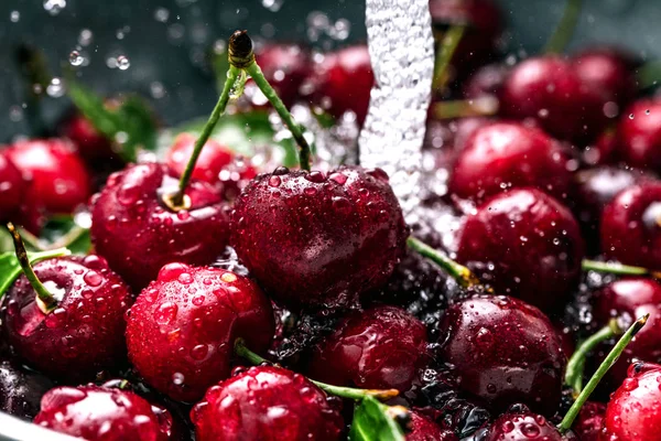 Washing Sweet Cherries Metal Colander Water Jet Close — Stock Photo, Image