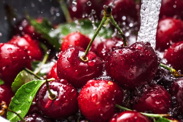 Washing Sweet Cherries Metal Colander Water Jet Close — Stock Photo, Image