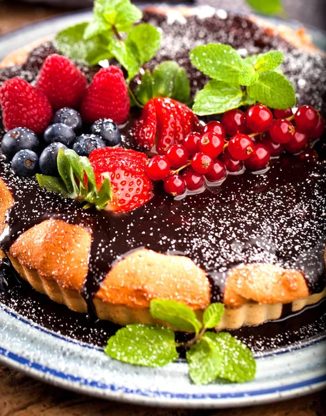 Leckere Schokoladenkuchen Mit Früchten Nahaufnahme — Stockfoto