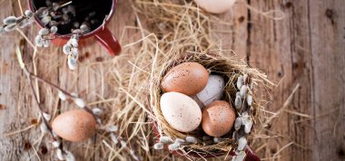 Tahta bir arka planda söğüt dalları ve bıldırcın yumurtaları