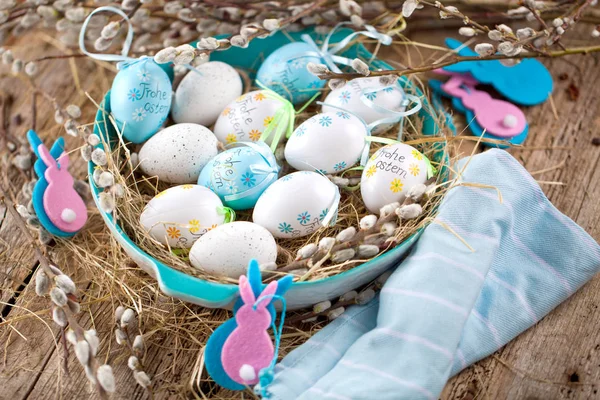 Easter Pussy Willow Blue Easter Egg Wooden Background Happy Easter — Stock Photo, Image