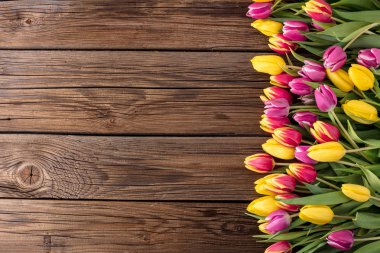 taze laleler eski ahşap zemin üzerine düzenlenen çerçeve