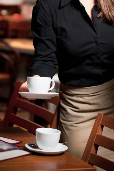 Portrait Waitress Holding Tray Coffee Cups Cafe — Stock Photo, Image