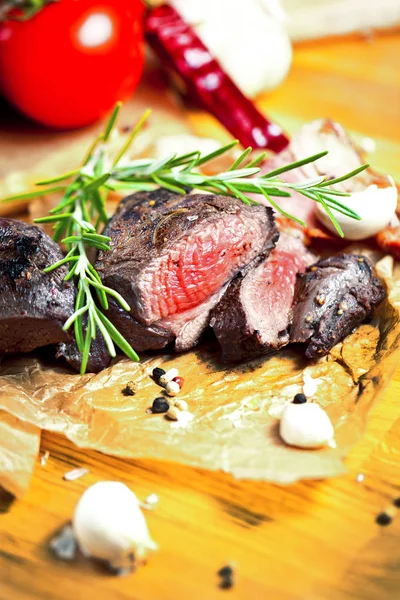 Grilled Venison Fillet Wooden Table Close — Stock Photo, Image