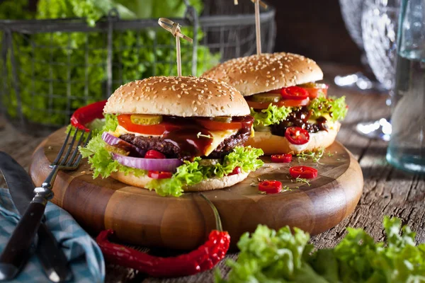 Fresh Tasty Burger Wood Table Close — Stock Photo, Image